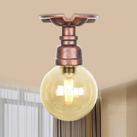 Copper Finish Semi Flush Mount Vintage Ceiling Lamp With Amber Glass Orb / B