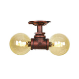 Farmhouse Led Amber Glass Copper Flushmount Light With 2 Heads - Semi Flush Ceiling Fixture