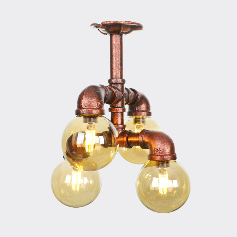Farmhouse Global Semi Mount Lighting: 4/5/6-Light Amber Glass Led Flush Lamp In Copper