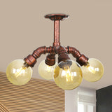 Farmhouse Global Semi Mount Lighting: 4/5/6-Light Amber Glass Led Flush Lamp In Copper / B