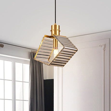 Mid Century Prismatic Crystal Suspension Lamp - Single Bulb Table Pendant In Brass