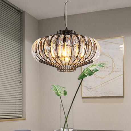 Vintage Black Crystal Hanging Pendant Ceiling Lamp With Lantern Shade