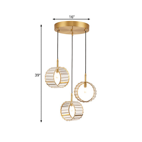 Minimalist Brass Crystal 3-Light Pendant For Clear Elegant Ceiling
