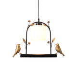 Modern Birdcage Ceiling Light: Black & Gold Pendant With Cream Glass Shade And Bird Decor