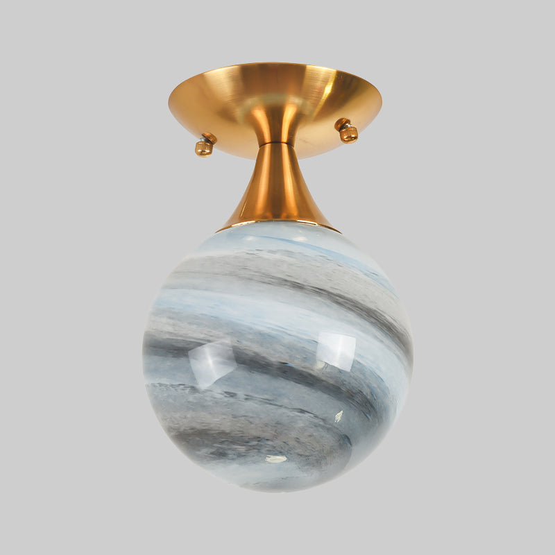 Contemporary Globe Blue Glass Flush Mount Light Fixture - 1 Gold Lamp