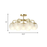 7-Head Bedroom Semi Flush Brass Ceiling Lamp With Radial Postmodern Design And Ball Foggy Glass