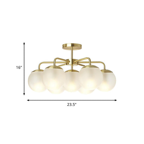 7-Head Bedroom Semi Flush Brass Ceiling Lamp With Radial Postmodern Design And Ball Foggy Glass