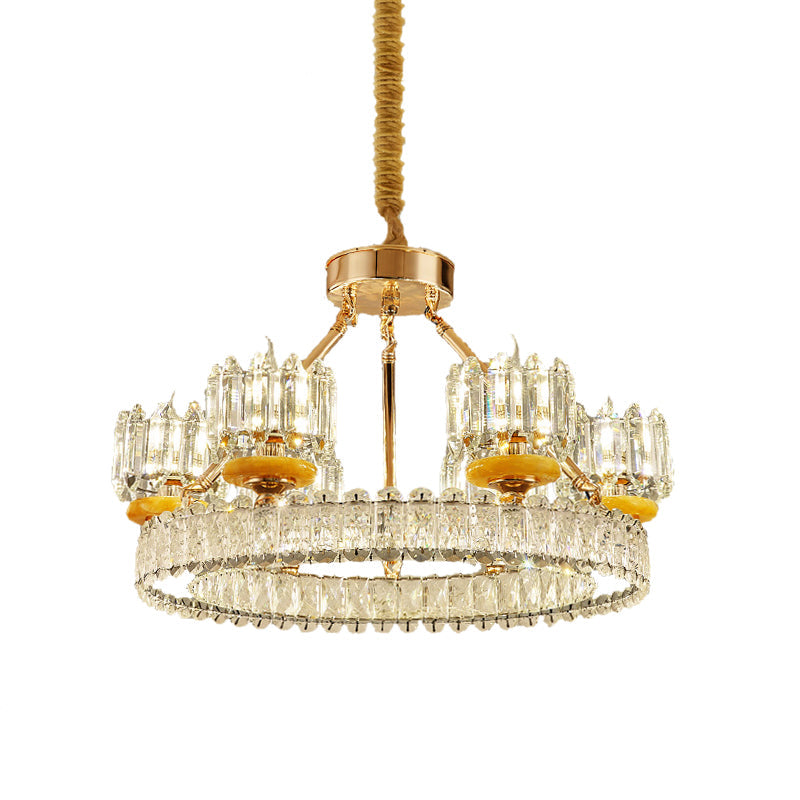 Modern Crystal Block Cylinder Chandelier With Gold Ring - 6/8 Bulb Ceiling Lamp For Living Room