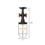 Industrial Black Cage Semi Flush Mount Ceiling Fixture With Clear Glass Valve Decor For Balcony