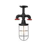 Industrial Black Cage Semi Flush Mount Ceiling Fixture With Clear Glass Valve Decor For Balcony