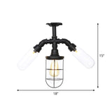 Antique Style Semi-Flush Ceiling Light - Clear Glass Flush Mounted Lamp With Cage In Black 3 Bulbs
