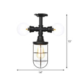 Antique Style Semi-Flush Ceiling Light - Clear Glass Flush Mounted Lamp With Cage In Black 3 Bulbs