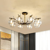 Modernist Semi Flush Mount Ceiling Light - Cream/Clear Glass Black And Gold Crystal Accent 8-Bulb