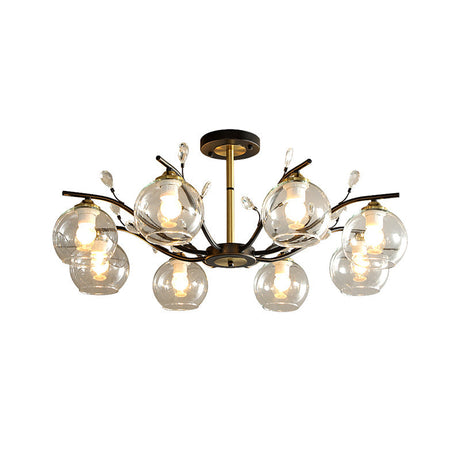 Modernist Semi Flush Mount Ceiling Light - Cream/Clear Glass Black And Gold Crystal Accent 8-Bulb