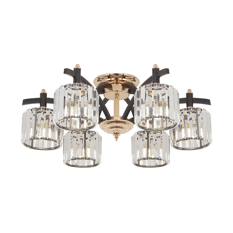 Modern Black & Gold Cylinder Crystal Block Semi Flush Light - Bedroom Ceiling Lamp (3/6 Heads)
