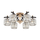 Modern Black & Gold Cylinder Crystal Block Semi Flush Light - Bedroom Ceiling Lamp (3/6 Heads)