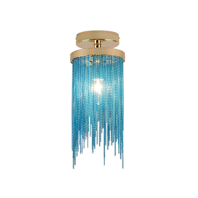 Modern Aluminum Small Flushmount Ceiling Light With Cascading Fringe 1-Light Green/Gold/Blue