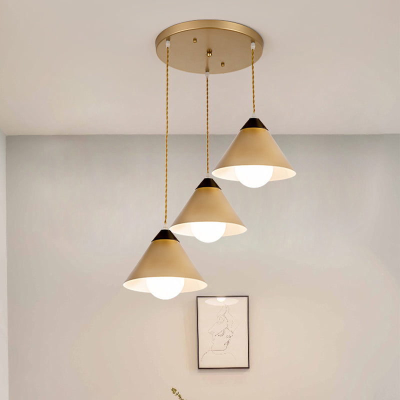 Modern Conical Metal 3-Head Black And Gold Pendant Lamp With Multiple Hanging Lights Round/Linear