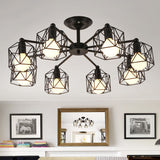 Hexagon Cage Metal Semi-Flush Mount Ceiling Light In Vintage Style - 6/8/10 Heads Black 8 /