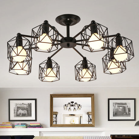 Hexagon Cage Metal Semi-Flush Mount Ceiling Light In Vintage Style - 6/8/10 Heads Black 8 /