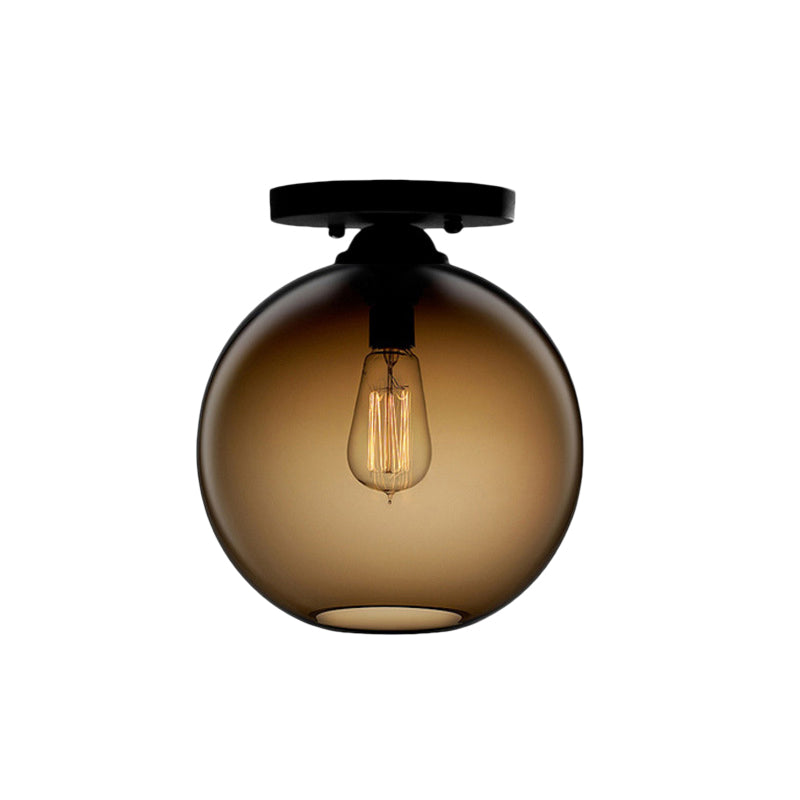 Industrial Style Semi-Flush Ceiling Light With Globe Shade In Red/Brown/Blue Glass For Dining Room