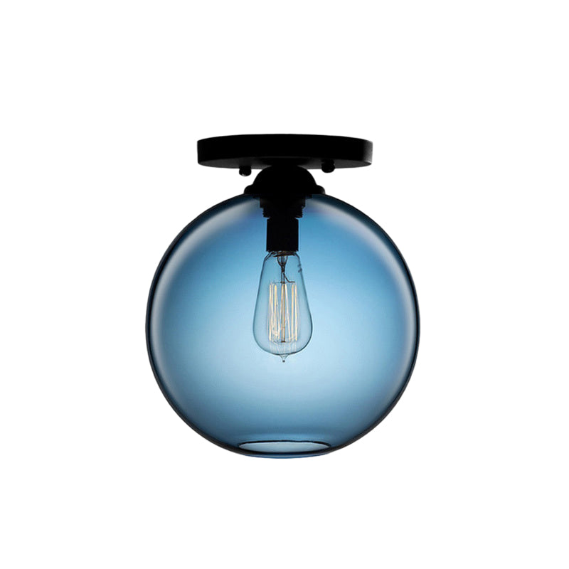 Industrial Style Semi-Flush Ceiling Light With Globe Shade In Red/Brown/Blue Glass For Dining Room