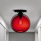 Industrial Style Semi-Flush Ceiling Light With Globe Shade In Red/Brown/Blue Glass For Dining Room