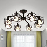 Retro Style Black Metal Semi Flush Pendant Light With Global Cage Shade For Living Room - 6/8 Lights