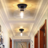 Sleek Industrial Drum Shade Semi Flush Light In Black With Clear/Amber Glass Perfect For Foyer