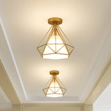 Diamond-Cage Industrial Bedroom Pendant Light - Vintage Gold Semi Flush Mount Ceiling Fixture