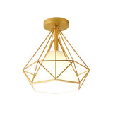 Diamond-Cage Industrial Bedroom Pendant Light - Vintage Gold Semi Flush Mount Ceiling Fixture