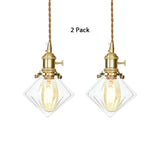 Vintage Brass Pendant Light With Clear Ribbed Glass Gem / 2
