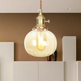 Amber Glass Melon Pendant Lamp: Retro Vintage Hanging Fixture For Dining Room