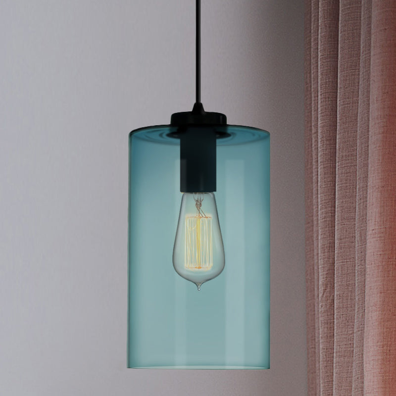Modern Blue Glass Pendant Lamp With Black Global Shape - 1 Light Ceiling / Cylinder