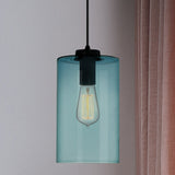 Modern Blue Glass Pendant Lamp With Black Global Shape - 1 Light Ceiling / Cylinder