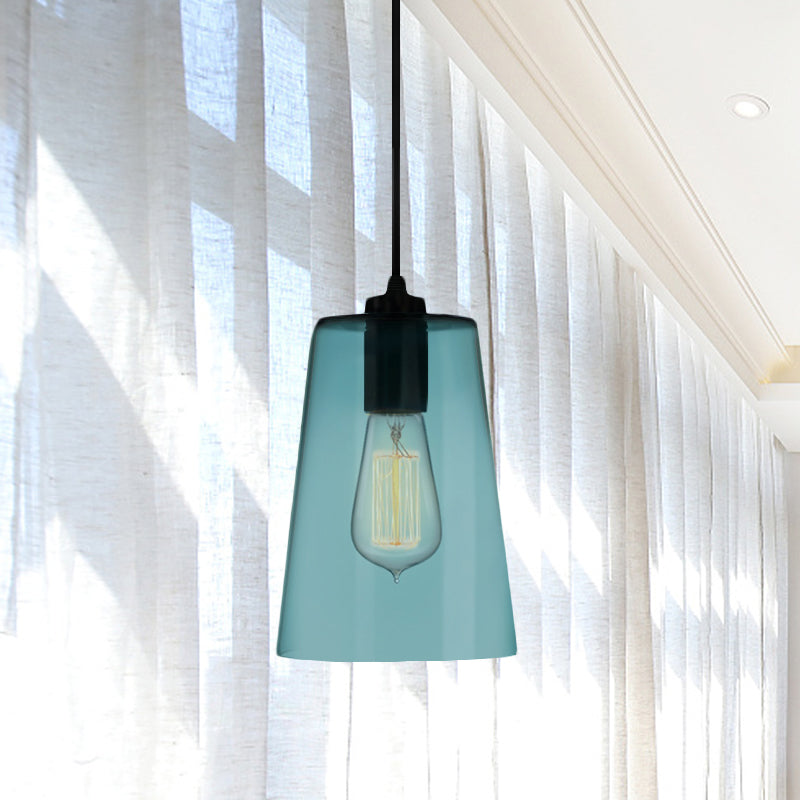 Modern Blue Glass Pendant Lamp With Black Global Shape - 1 Light Ceiling