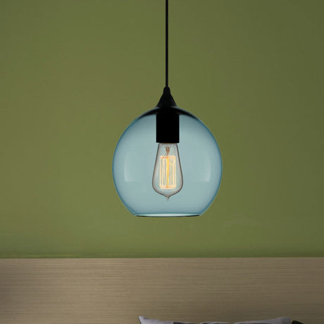 Modern Blue Glass Pendant Lamp With Black Global Shape - 1 Light Ceiling
