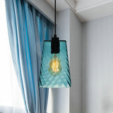 Modern Blue Glass Pendant Light With Unique Lattice Design And Black Ceiling Mount