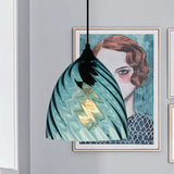 Modern Blue Glass Pendant Light With Unique Lattice Design And Black Ceiling Mount / Dome