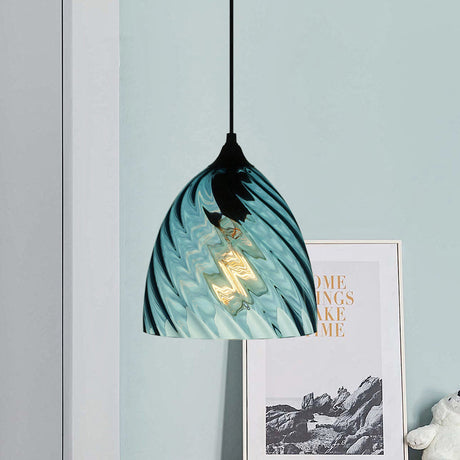 Modern Blue Glass Pendant Light With Unique Lattice Design And Black Ceiling Mount