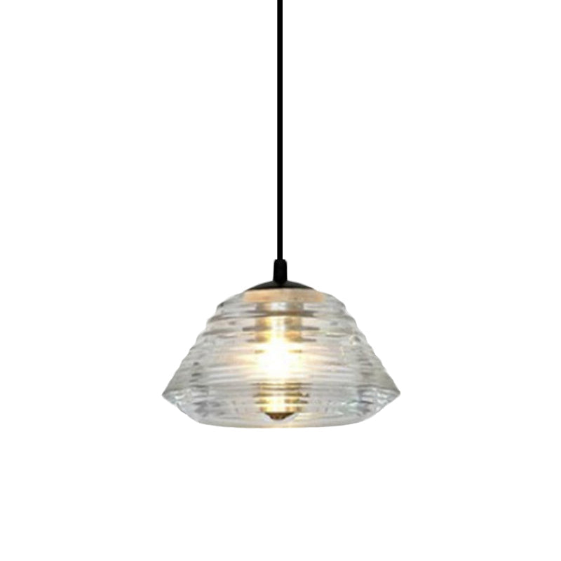 Modernist Clear Ruffle Glass Pendant Lamp - Cone/Dome/Flared Design 1-Light Black Ceiling Hanging
