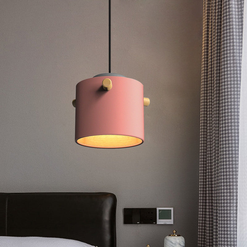 Modern 1 Light Metal Shade Hanging Pendant Green/Pink/White Cylinder Fixture