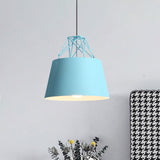 Metallic Bucket Shade Pendant Light - Restaurant Cage 1 Head Hanging Lamp With Iron Wire [Macaron