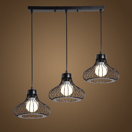 Black Metal Bowl Pendant Light With Wire Cage Shade - 3-Light Farmhouse Restaurant Fixture