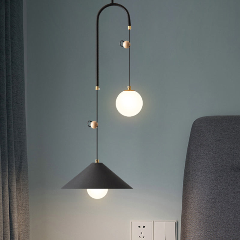 Modernist Orb Opal Glass Pendant Light With 2 Bulbs White/Black 10/14 Wide