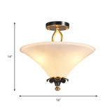 Horn-Shaped White Glass Semi Flush Lamp - Country Style With 3 Lights For Bedroom Ceiling In Brass