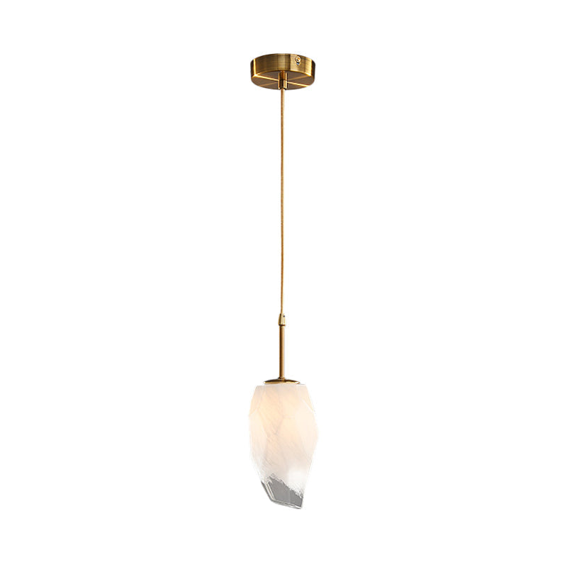 Frosted White Glass Hanging Light With Brass Pendant - Rock Shape Design Ideal For Dining Table