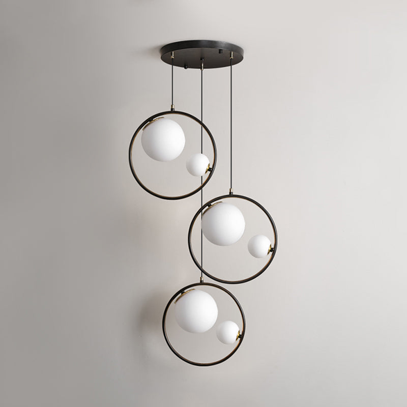 Black Orb Pendant Ceiling Light With Opal Glass Shade And Ring - Modernism 6-Light Multi