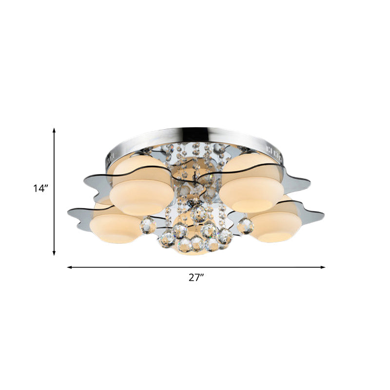 Modern Chrome Floral Flushmount Ceiling Light With Crystal Ball Drop - White Glass 3/5-Head Ideal