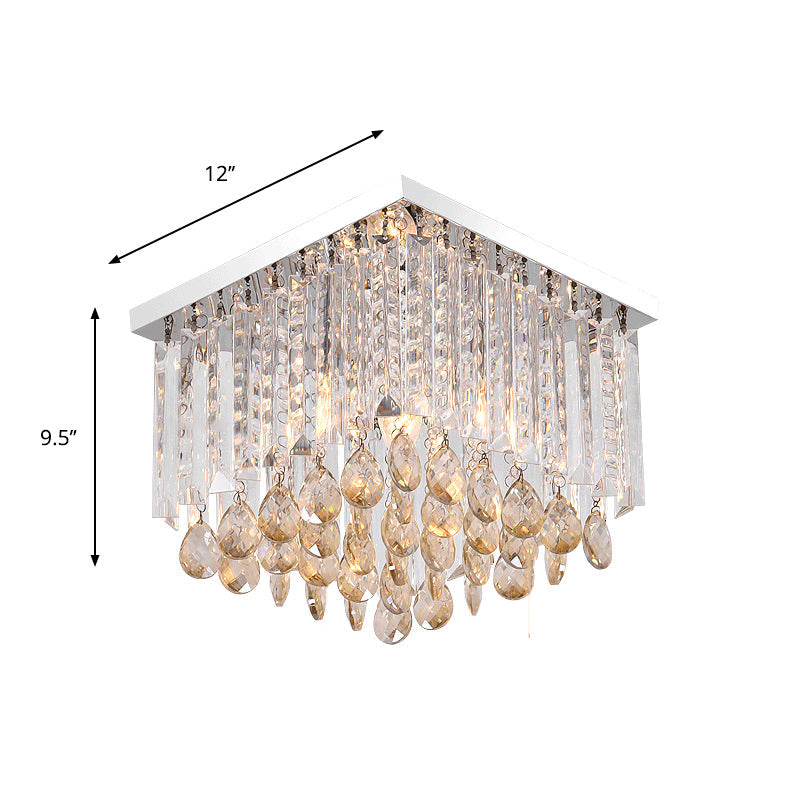 Modern Chrome Crystal Drop Bedroom Ceiling Light - Square Mount 8/12 Wide